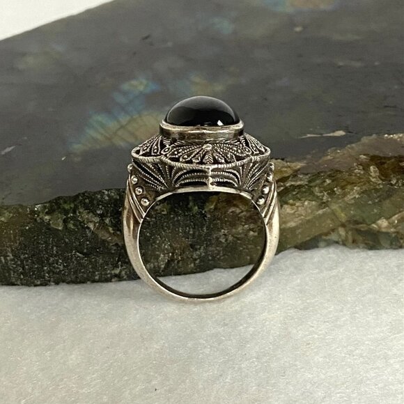 Sterling Silver 925 Thailand Scrollwork Filigree Oval Black Onyx Ring Sz 6.75 - Picture 6 of 16